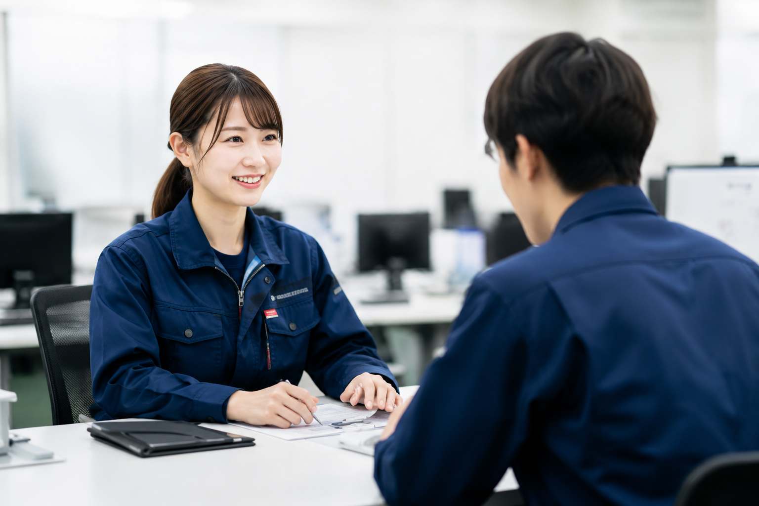 面談する設計部の女性スタッフ