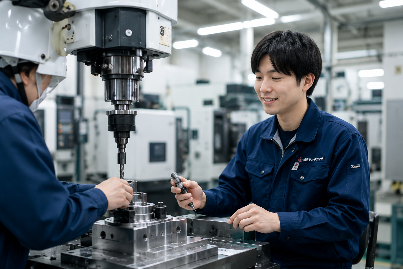 加工機の前で作業する若手スタッフ