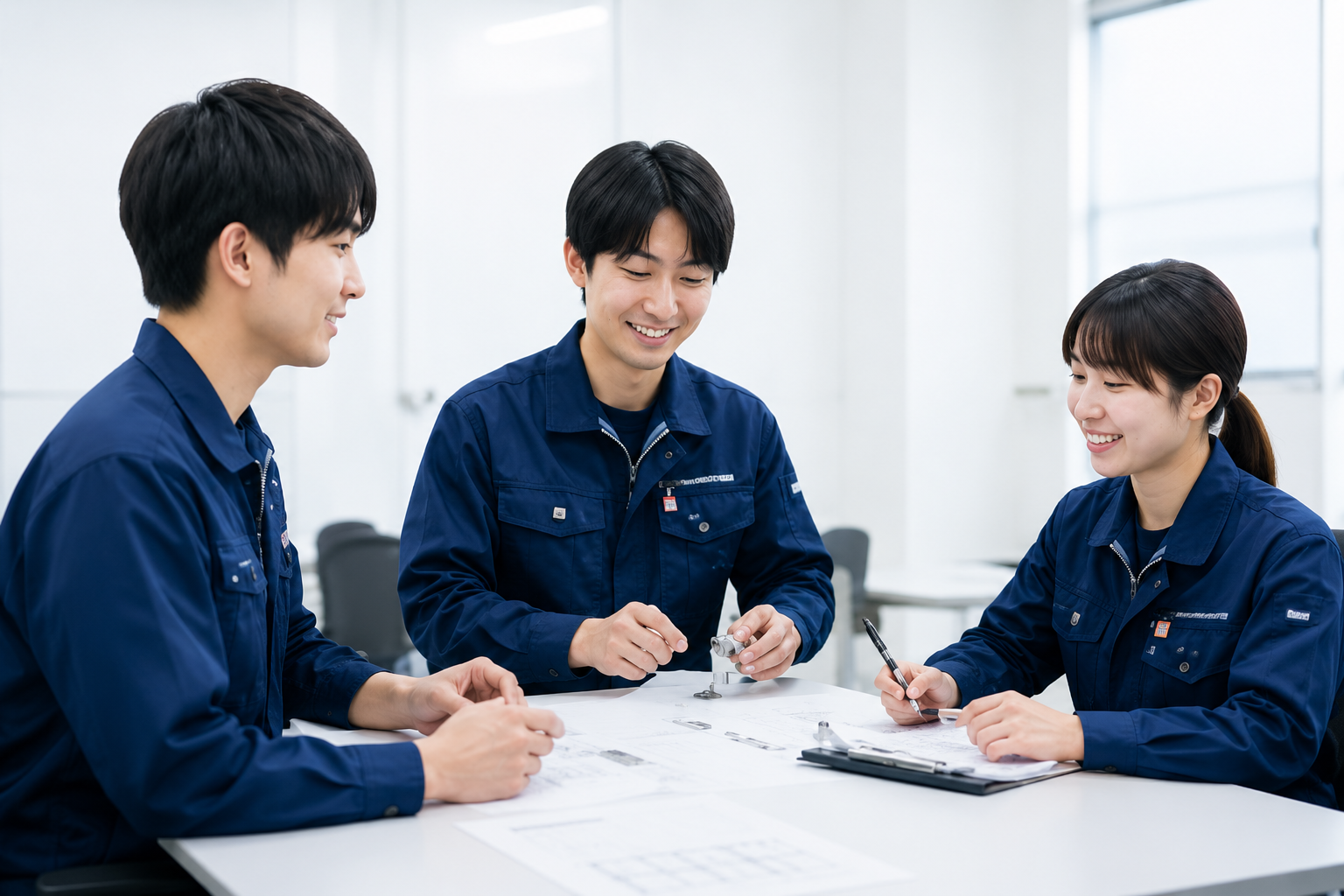 図面を見ながら打ち合わせる若手スタッフ